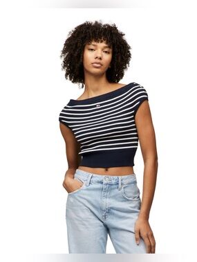 NWT Tommy Jeans Women’s Off the Shoulder Striped Cotton Sweater Navy White Large